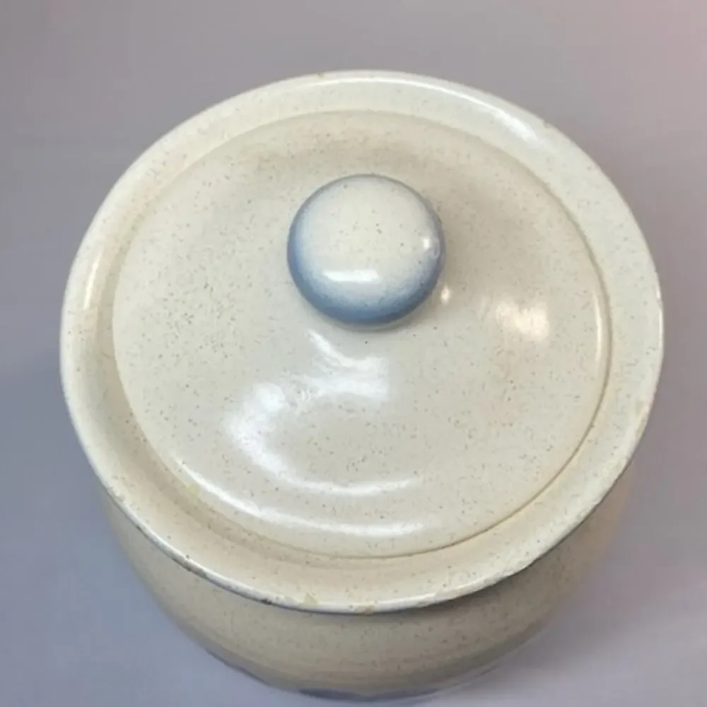 Vintage Blue Heart Stoneware Canister • 8.5” Tall • Folk Art Kitchen Jar